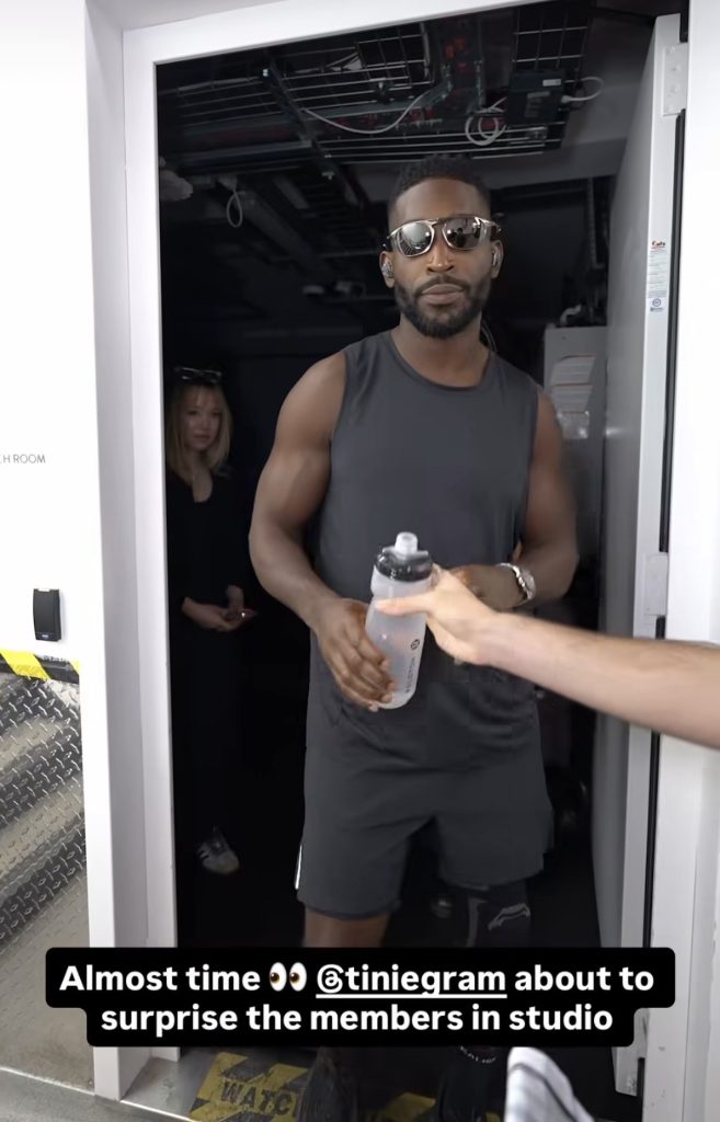 Tinie Tempah Peloton surprise as Tinie waits backstage before walking into the studio