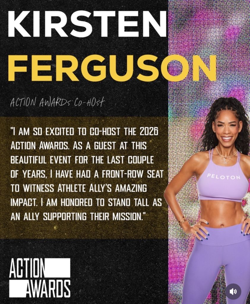 Athlete Ally Action Awards co-host Kirsten Ferguson in lavender Peloton apparel beside her hosting quote