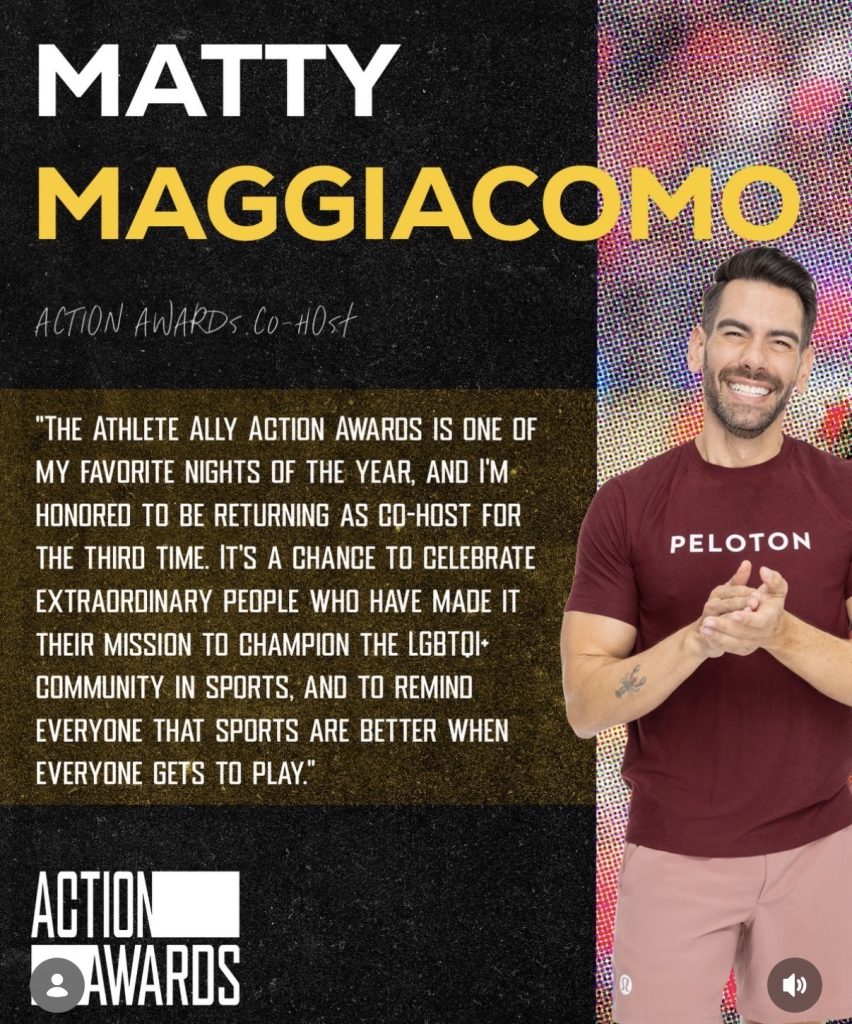 Athlete Ally Action Awards co-host Matty Maggiacomo smiling in a maroon Peloton shirt beside his hosting quote
