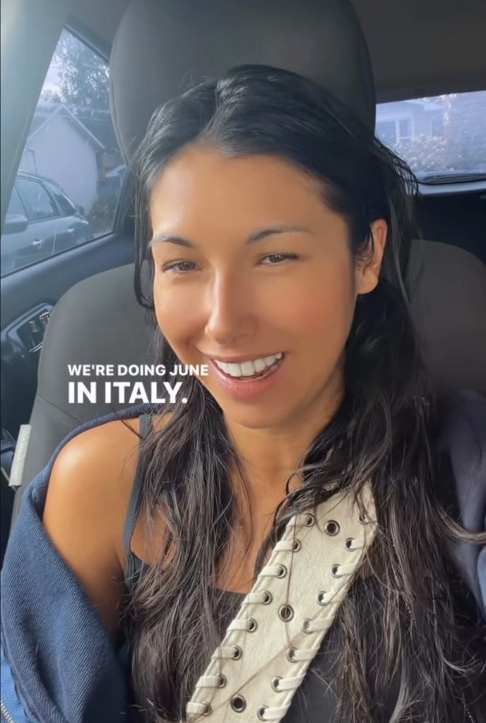 Greta Dopp wedding announcement in an Instagram story, Peloton instructor smiling in her car with the caption “We’re doing June in Italy”