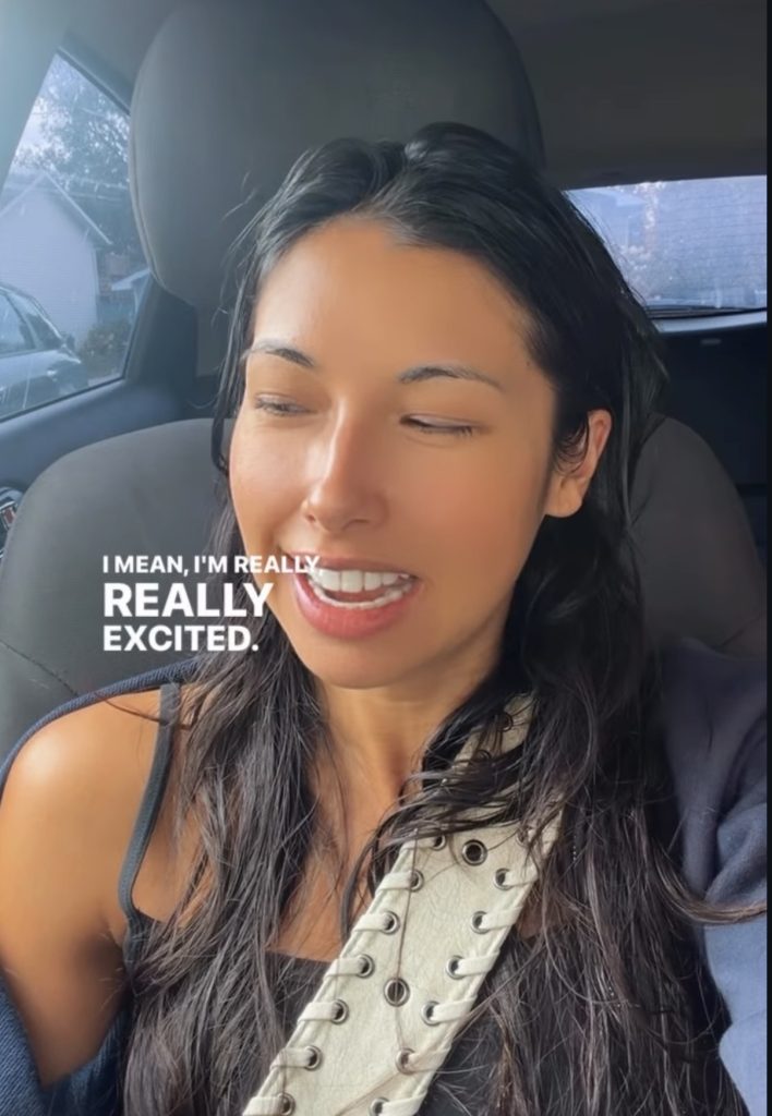 Greta Dopp wedding story on Instagram, Greta laughing with the caption “Sorry that I’m making you come to Italy”