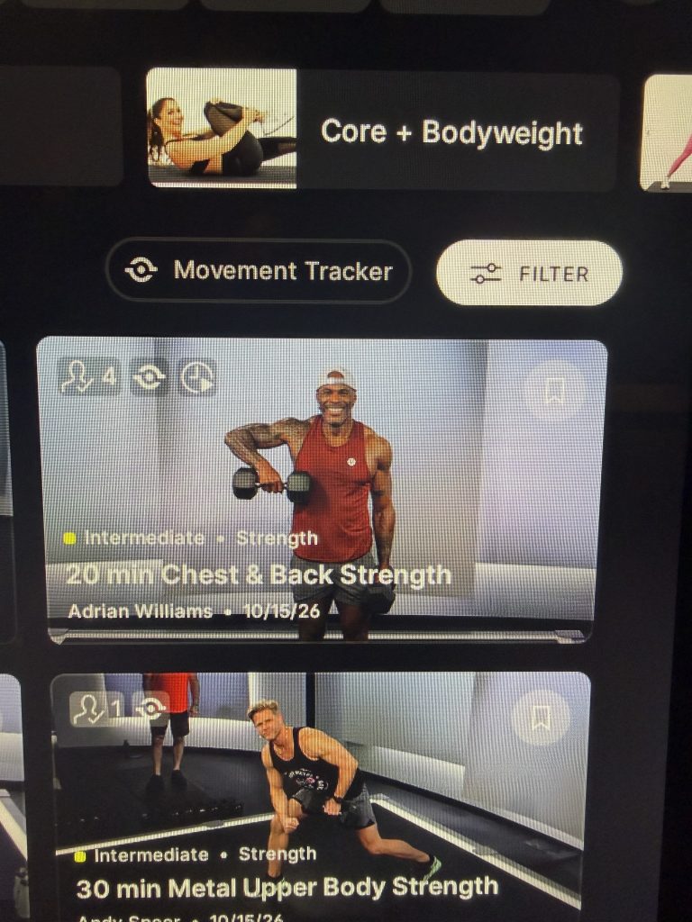 Peloton form feedback compatible strength classes shown with the Movement Tracker filter on the Peloton Strength page
