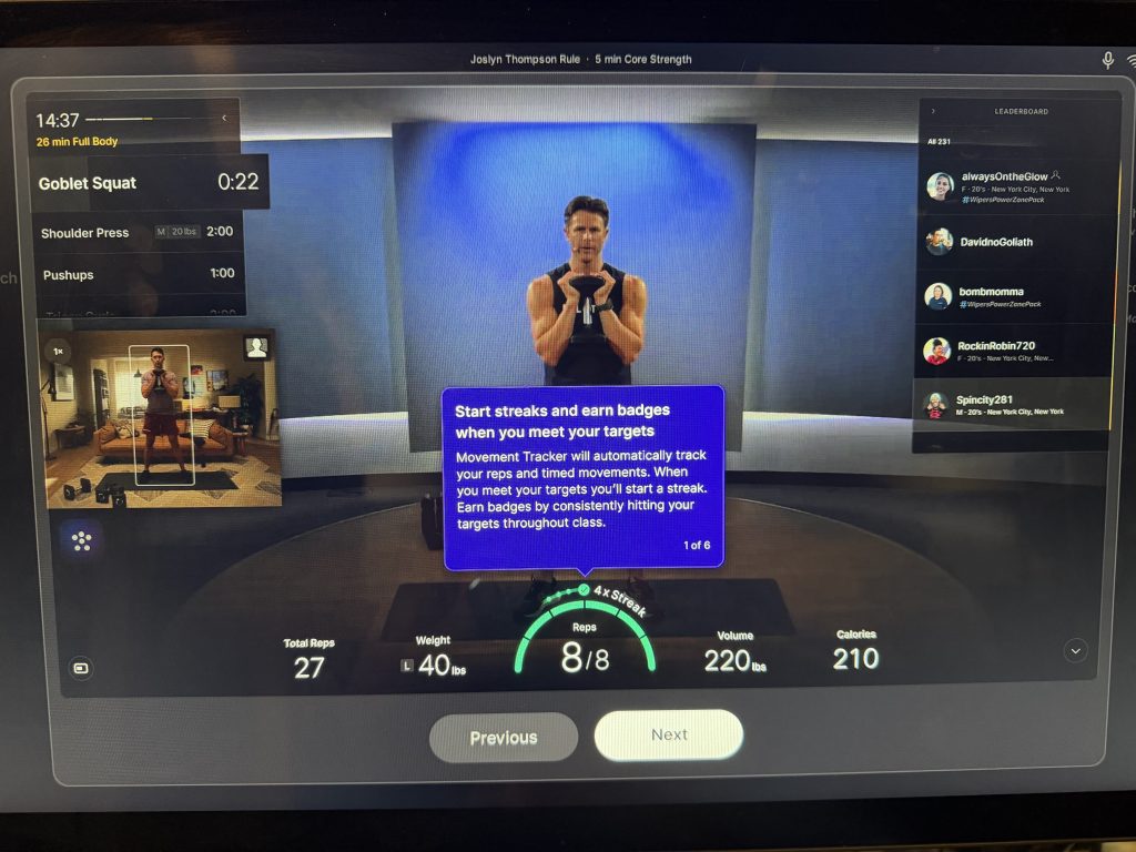 Peloton form feedback tour step explaining Movement Tracker streaks and badges
