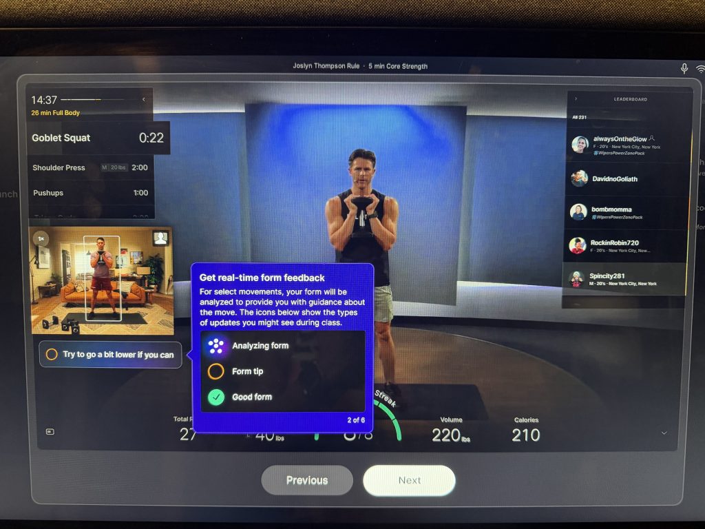 Peloton form feedback screen showing Analyzing form, Form tip, and Good form icons during a goblet squat