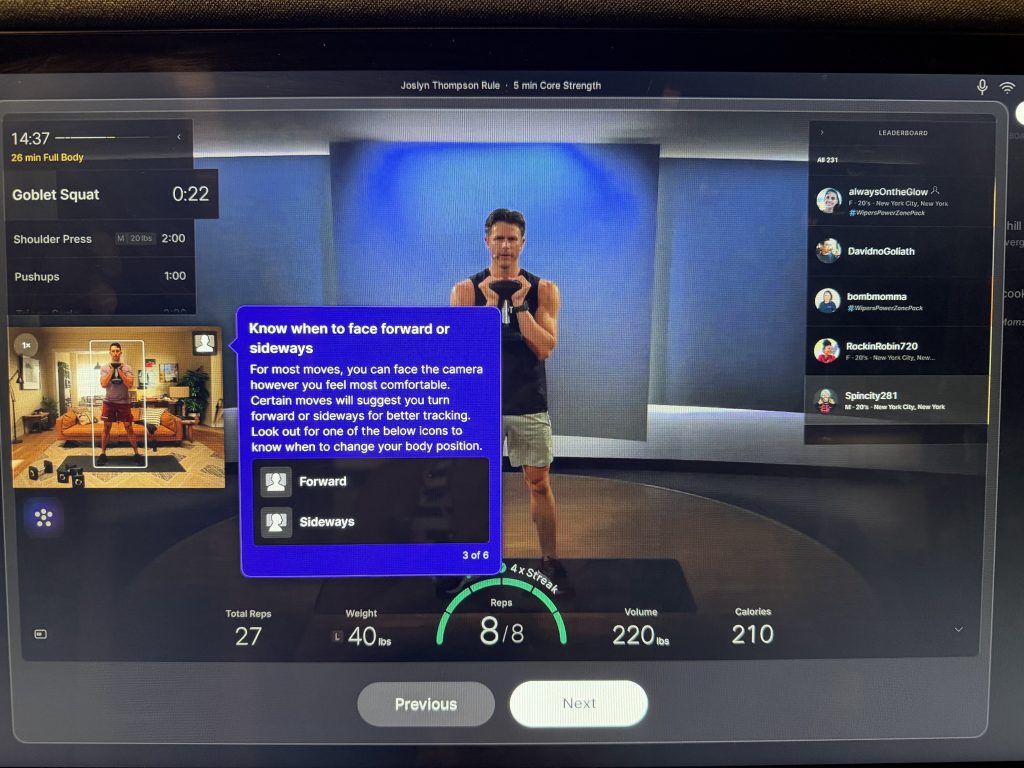 Peloton form feedback tour showing Forward and Sideways body position icons