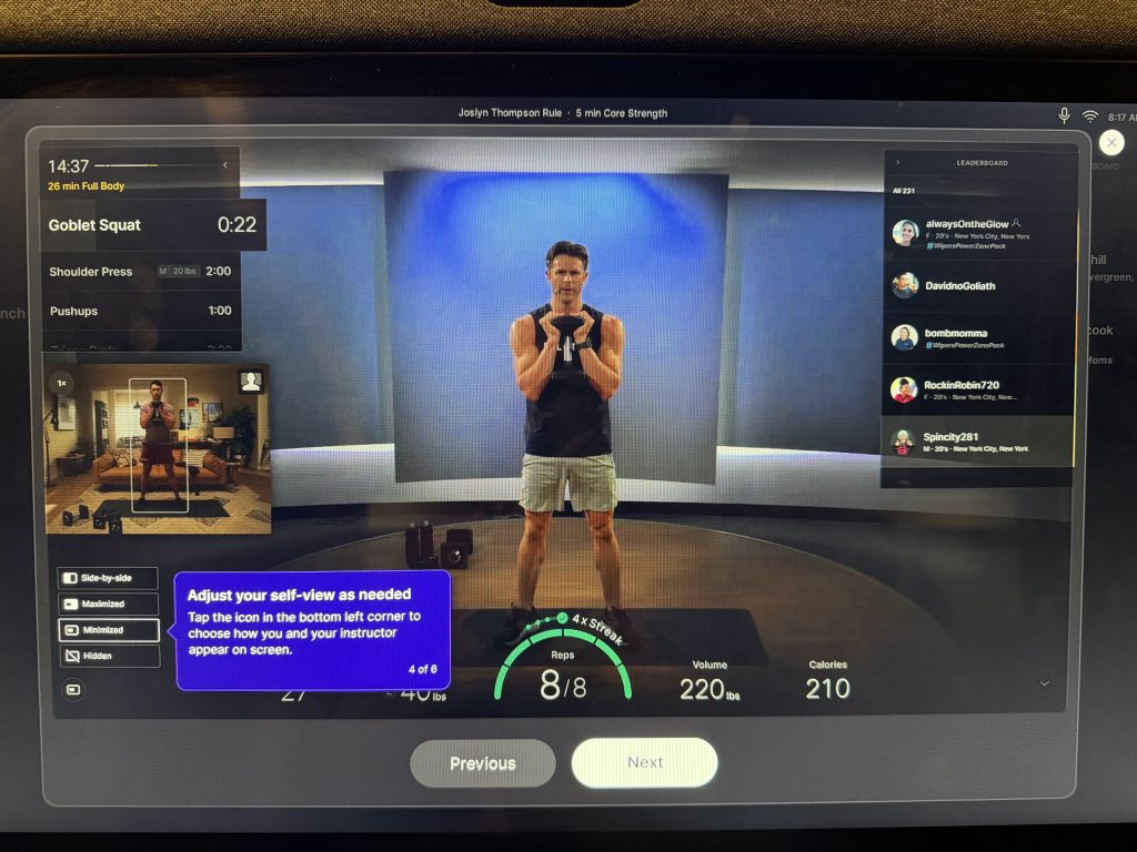 Peloton form feedback tour with Side-by-side, Maximized, Minimized, and Hidden self-view options