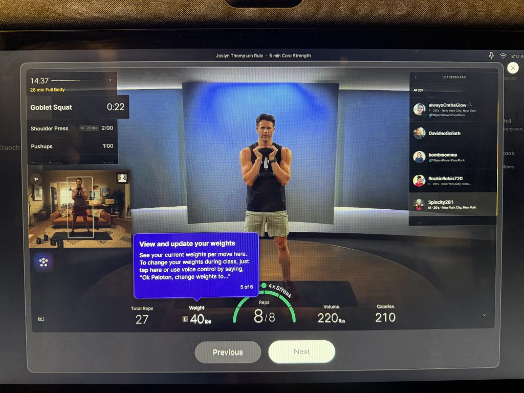 Peloton form feedback tour explaining how to view and update weights by tap or voice