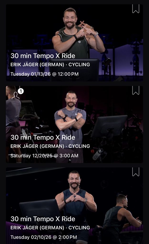 Tempo X Ride classes from December 2025, January 2026, and February 2026 in the Peloton App