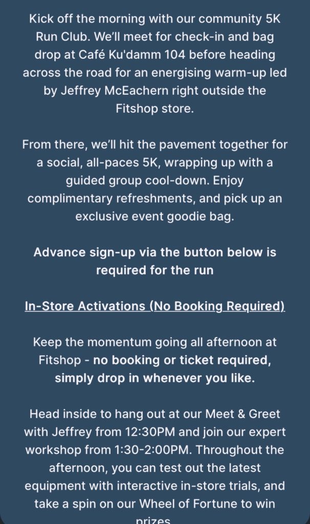 Gratitude Run Tour Berlin event description showing the 5K Run Club at Café Ku’damm 104 and drop-in Fitshop activations with Jeffrey McEachern
