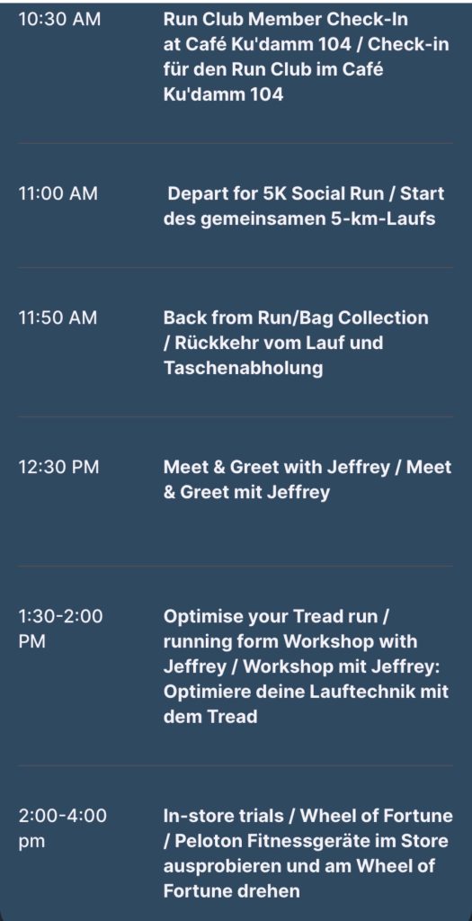 Gratitude Run Tour Berlin schedule showing check-in, 5K departure, meet and greet, Tread workshop, and in-store trials times in English and German