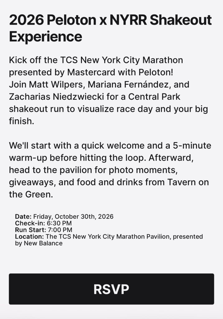 NYC Marathon shakeout run event details for October 30, 2026, with Matt Wilpers, Mariana Fernández, and Zacharias Niedzwiecki
