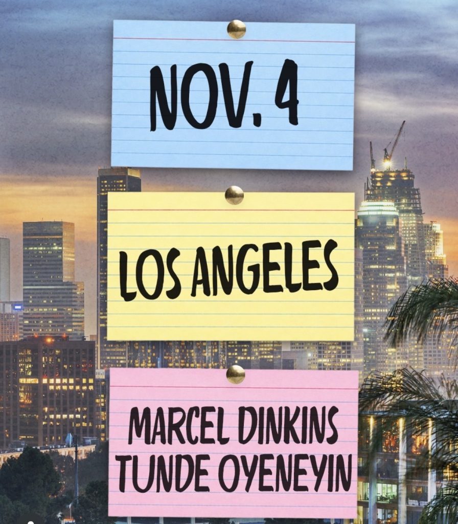 Gratitude Season Tour Los Angeles graphic with the November 4 date and instructors Marcel Dinkins and Tunde Oyeneyin over the Los Angeles skyline