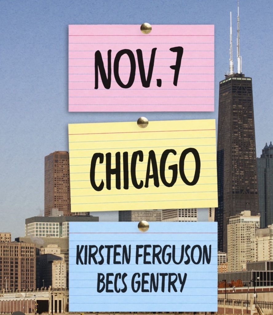 Gratitude Season Tour Chicago graphic with the November 7 date and instructors Kirsten Ferguson and Becs Gentry over the Chicago skyline