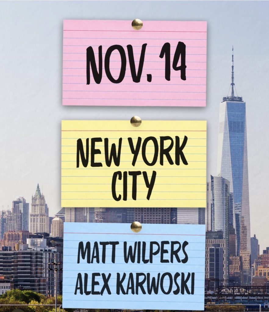 Gratitude Season Tour NYC graphic with the November 14 date and instructors Matt Wilpers and Alex Karwoski over the Lower Manhattan skyline