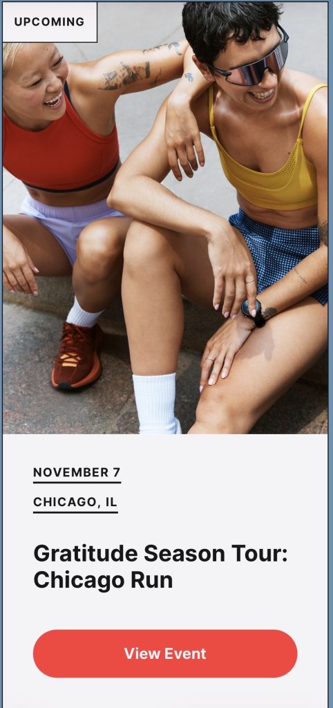 Gratitude Season Tour Chicago event card showing two runners sharing a laugh above the November 7 Chicago Run listing