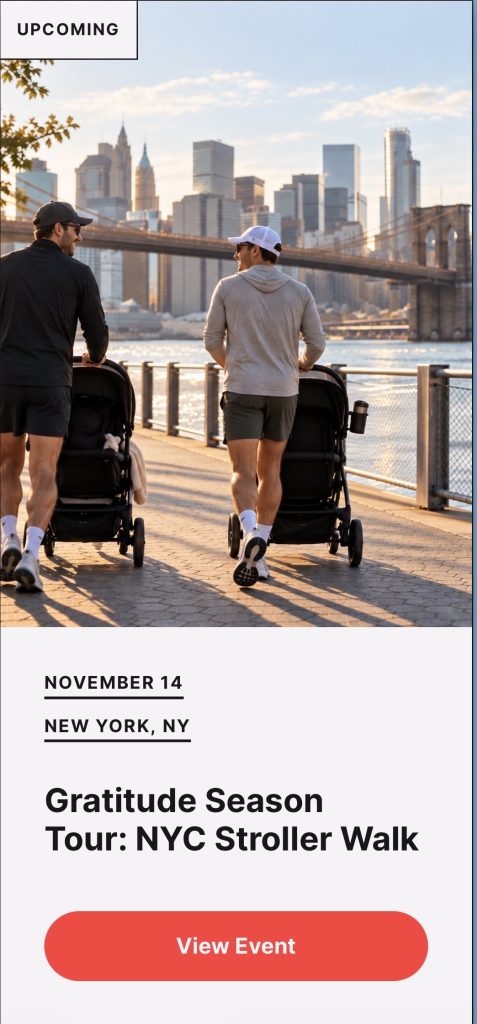 Gratitude Season Tour NYC event card showing two dads pushing strollers along the waterfront near the Brooklyn Bridge