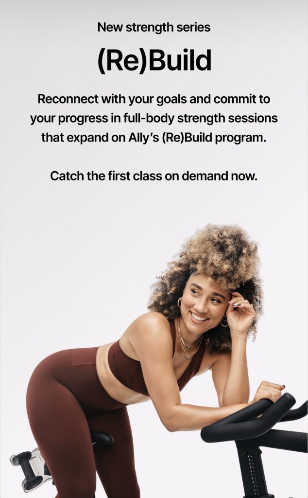 (Re)Build series promo graphic announcing Ally Love’s new monthly Full Body Strength classes on Peloton
