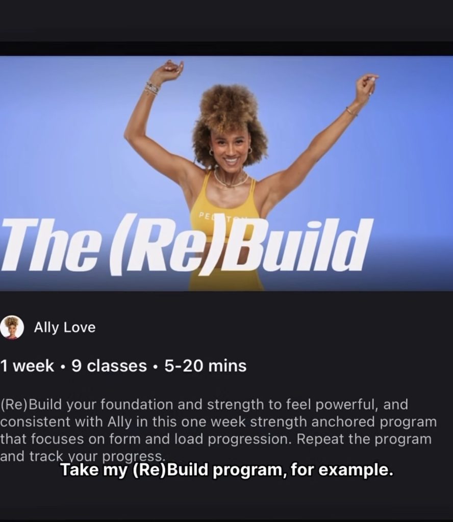 (Re)Build series origin, Ally Love’s original one-week, nine-class program card in the Peloton app