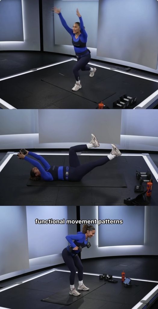 (Re)Build series class footage of Ally Love doing dumbbell rows, core work, and lower-body moves