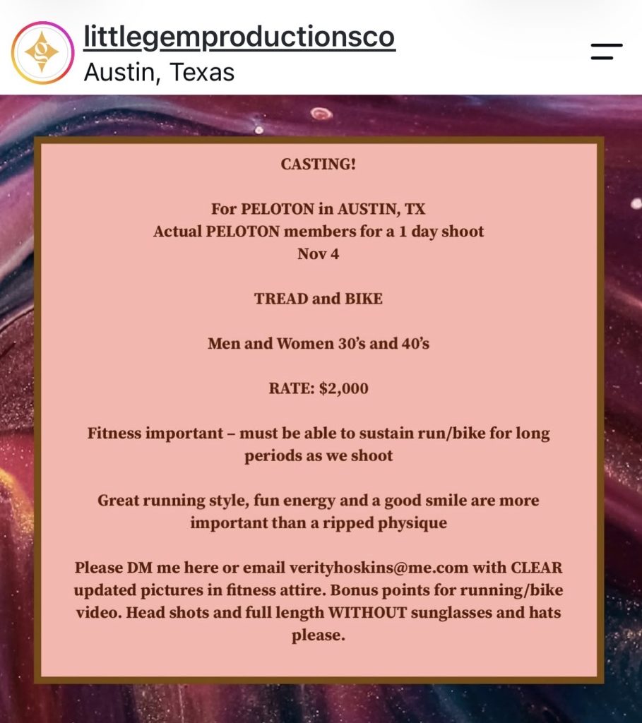Peloton Austin casting call graphic from Little Gem Productions seeking Peloton members in their 30s and 40s for a November 4 Tread and Bike shoot paying $2,000