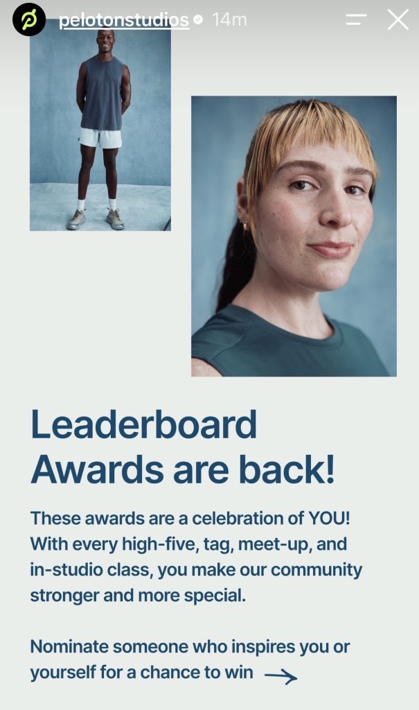 Peloton Leaderboard Awards are back graphic inviting members to nominate someone who inspires them