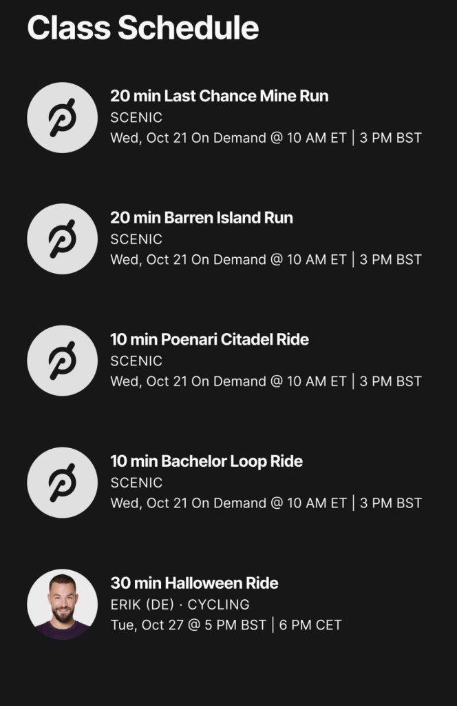 Peloton Halloween classes 2026 scenic rides and runs schedule for October 21 with Erik’s Halloween Ride