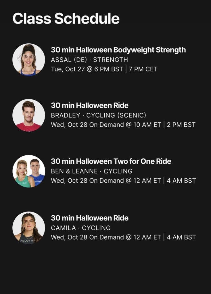 Peloton Halloween classes 2026 schedule for October 27 and 28 with Assal, Bradley, Ben, Leanne, and Camila
