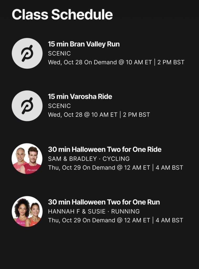 Peloton Halloween classes 2026 schedule for October 28 and 29 with Sam, Bradley, Hannah, and Susie