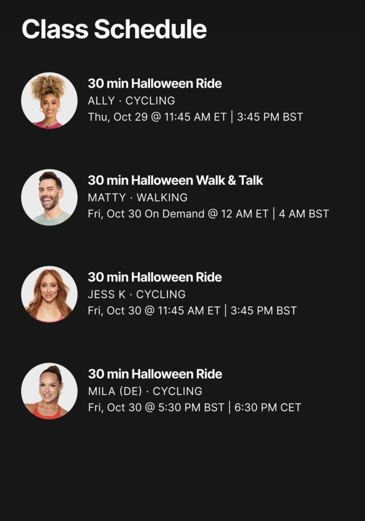 Peloton Halloween classes 2026 schedule for October 29 and 30 with Ally, Matty, Jess, and Mila