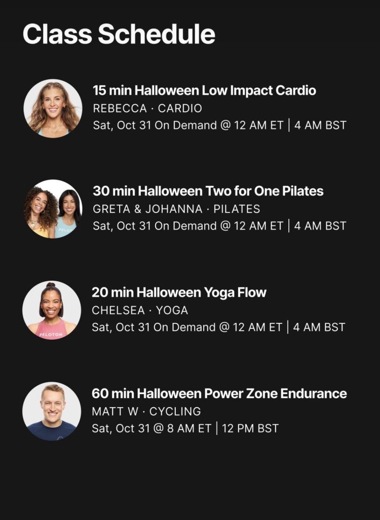 Peloton Halloween classes 2026 schedule for October 31 with Rebecca, Greta, Johanna, Chelsea, and Matt