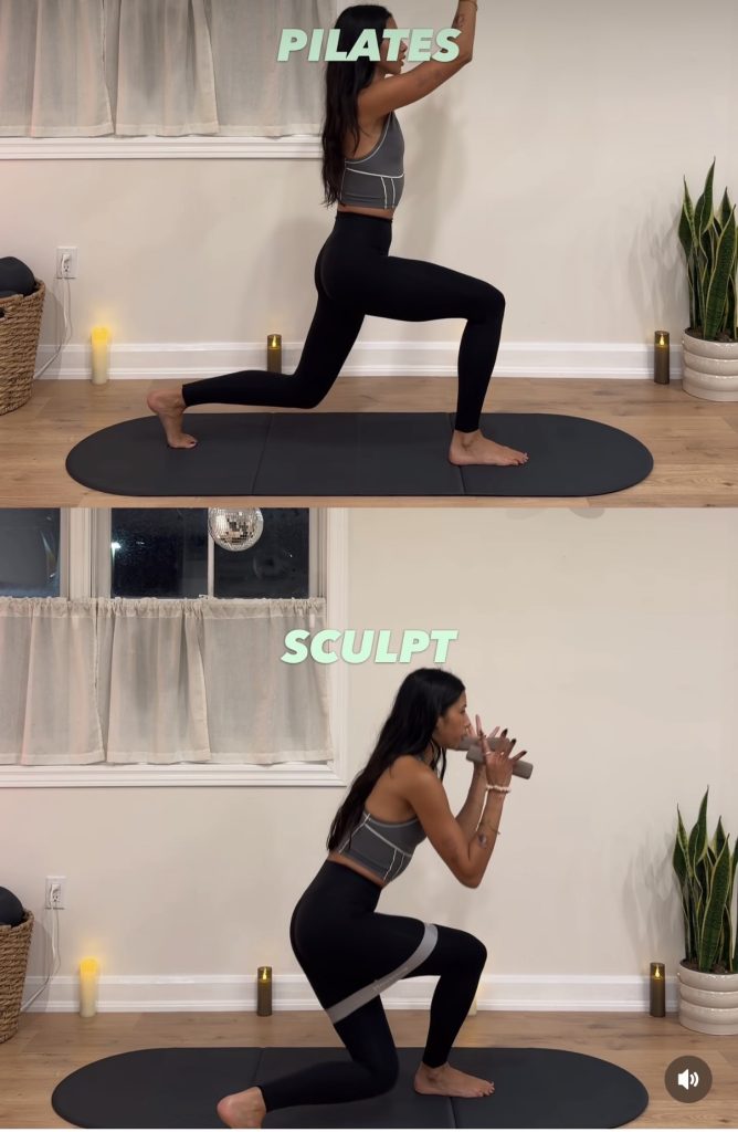 Pilates vs Sculpt comparison of Greta Dopp in a low lunge and a banded lunge holding a weight