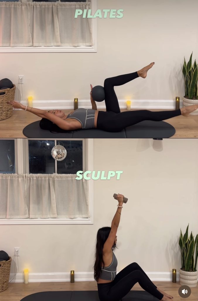 Pilates vs Sculpt comparison of a single-leg extension with a ball and a seated roll-back overhead press