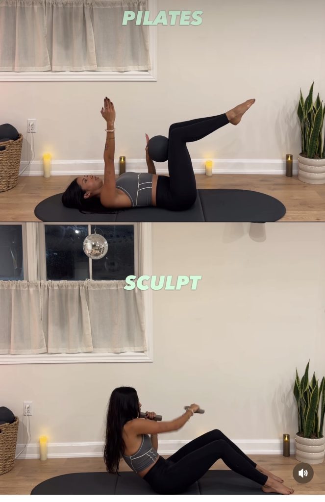 Pilates vs Sculpt comparison of a mat core move with a small ball and a seated roll-back rotational press