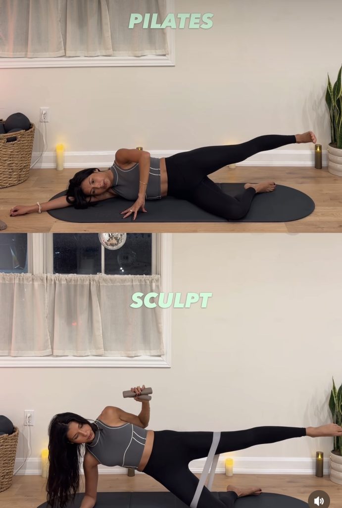 Pilates vs Sculpt comparison of a side-lying front leg sweep with flexed foot and a banded side plank with a bent arm holding a weight
