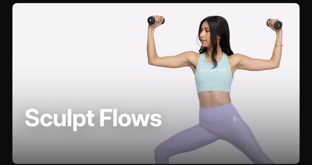 Pilates vs Sculpt collection banner for Peloton Sculpt Flows showing an instructor in a lunge holding light dumbbells