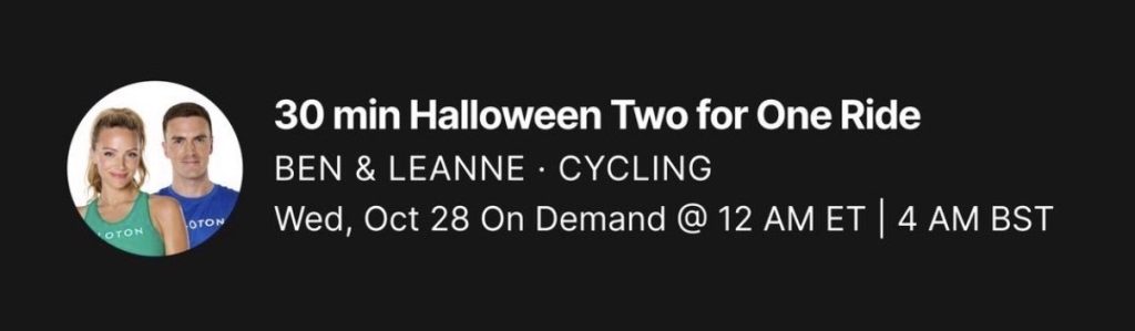 Peloton Halloween Two for One Ride with Ben Alldis and Leanne Hainsby-Alldis, on demand October 28