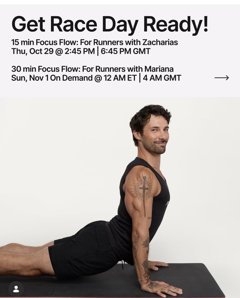 Focus Flow for Runners promo showing Zacharias Niedzwiecki and Mariana Fernández class times for NYC Marathon week