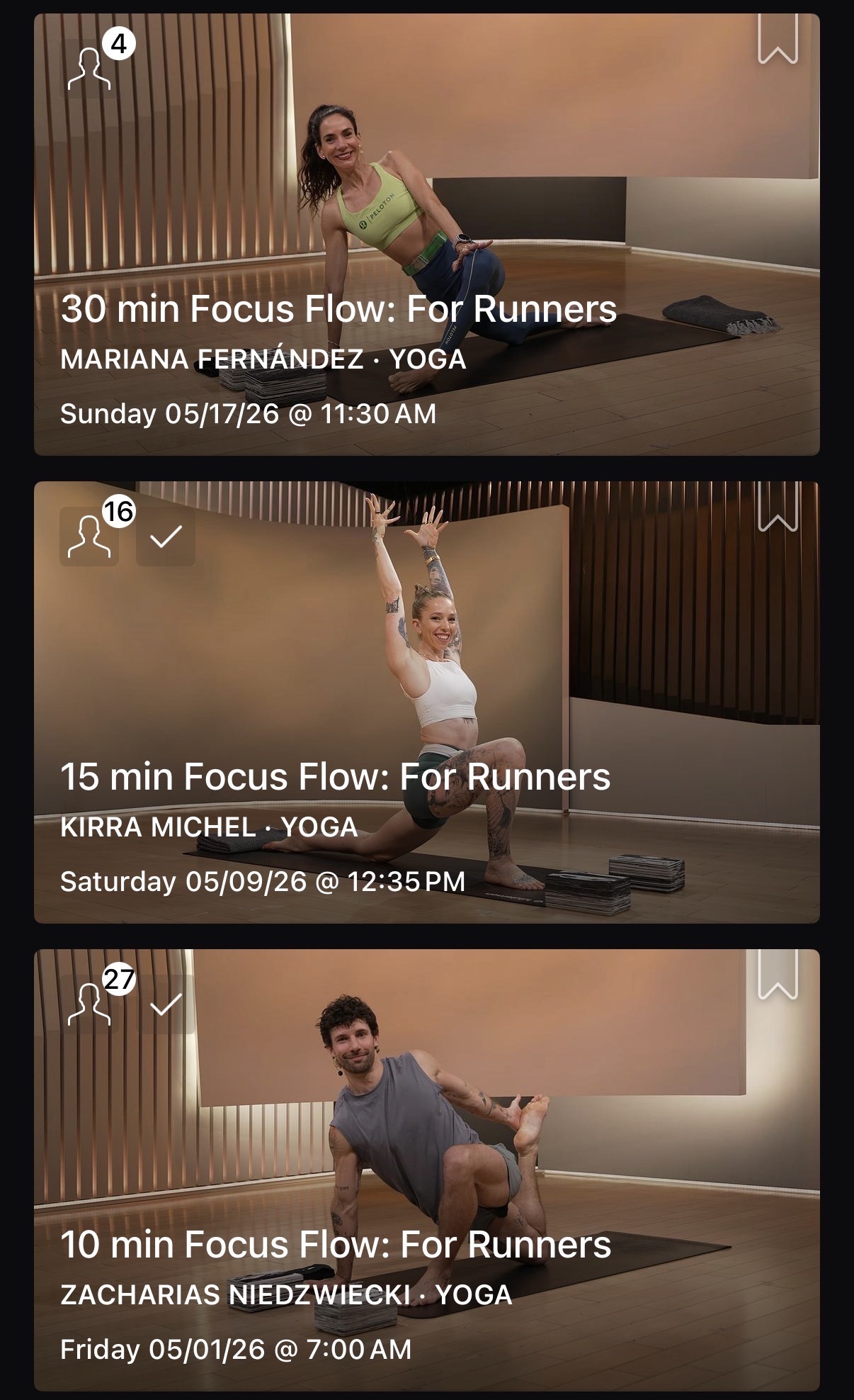 Flow for Runners on-demand Peloton classes with Mariana Fernández, Kirra Michel, and Zacharias Niedzwiecki
