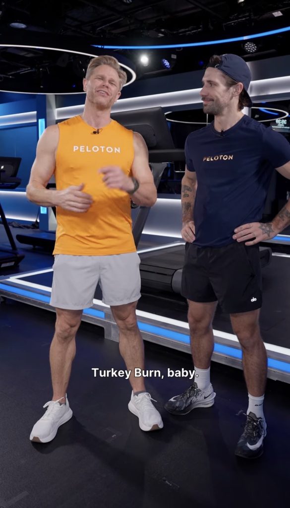 Countdown to Turkey Burn 2026 announcement with Andy Speer and a Peloton instructor in the studio