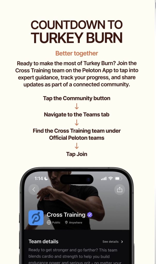 Countdown to Turkey Burn 2026 steps to join the Cross Training team in the Peloton App