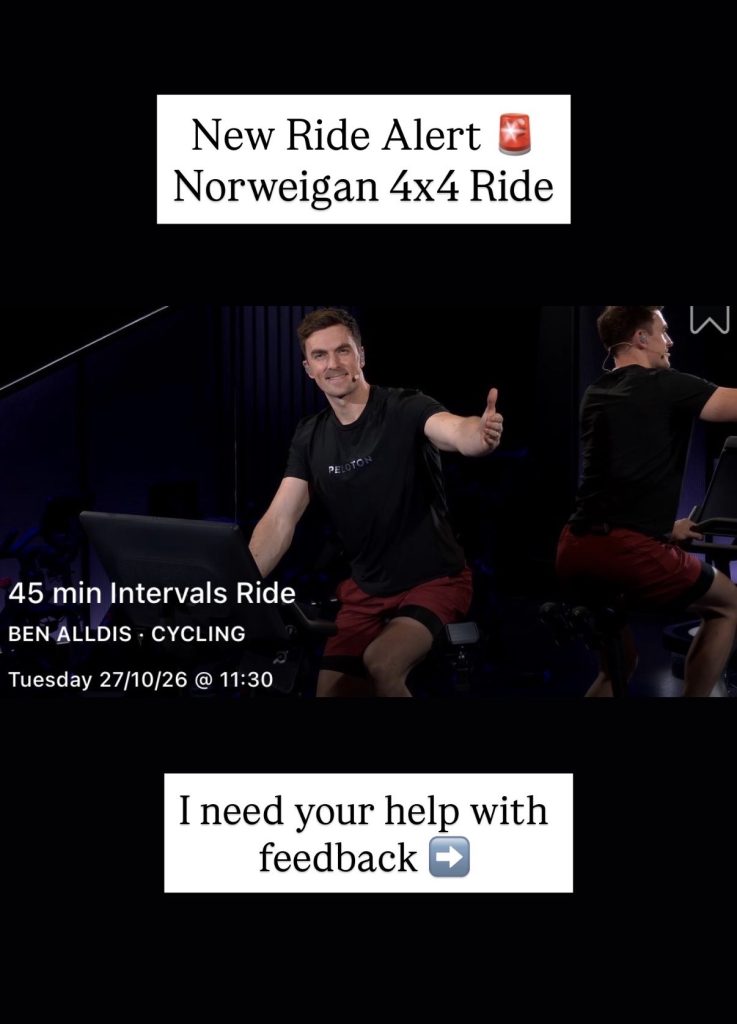 Norwegian 4x4 intervals format shared by Ben Alldis with four minutes hard and three minutes of recovery