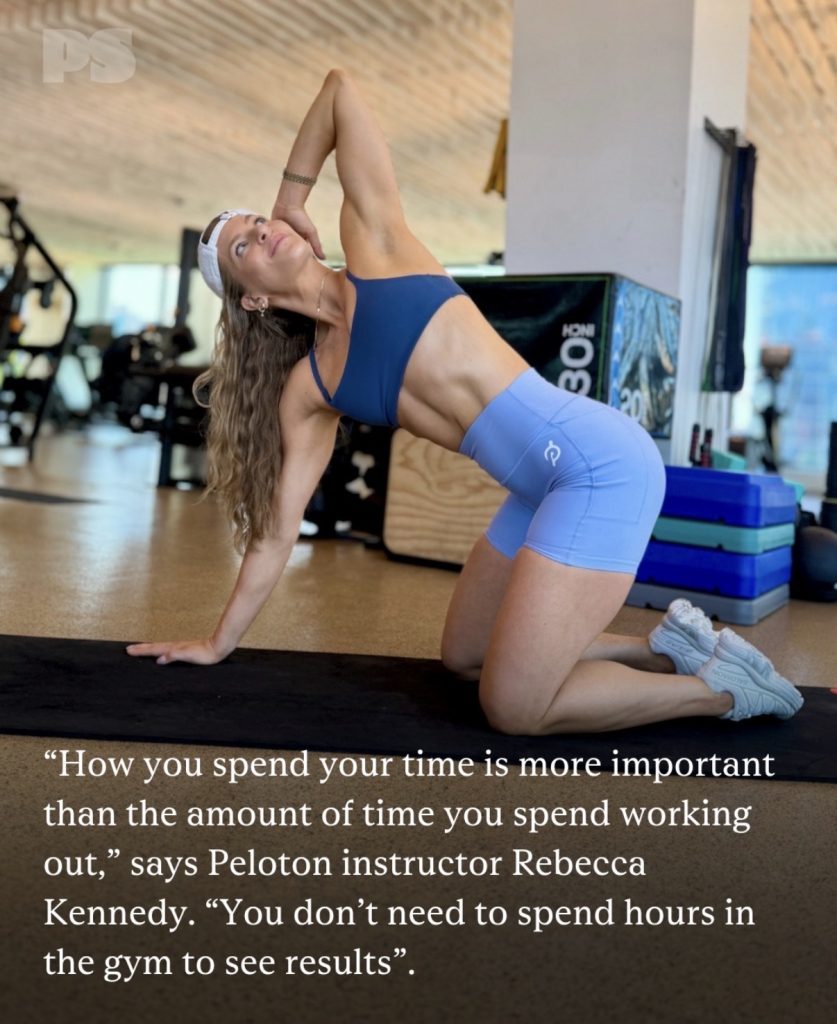 Efficient workout stretch by Rebecca Kennedy kneeling on a mat in Peloton shorts