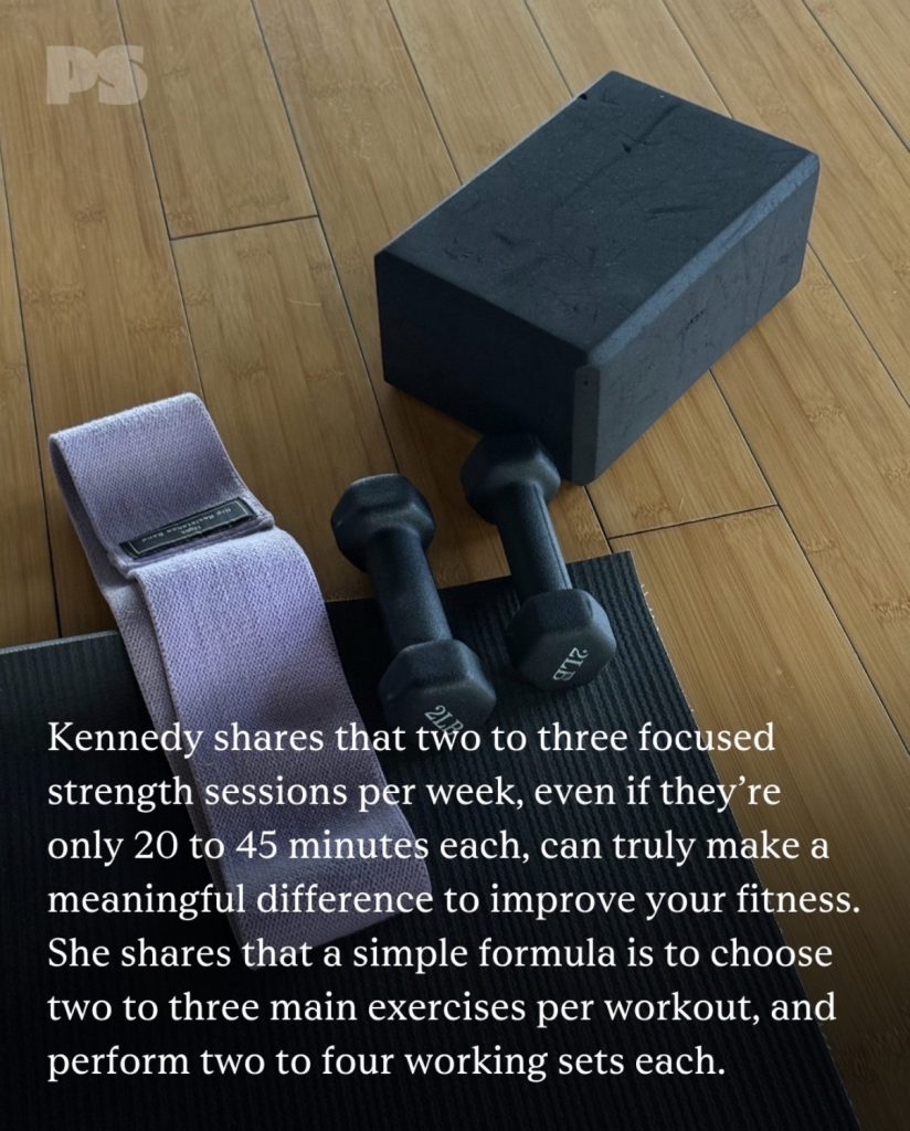 Efficient workout gear including a resistance band, 2 lb dumbbells, and a yoga block on a mat
