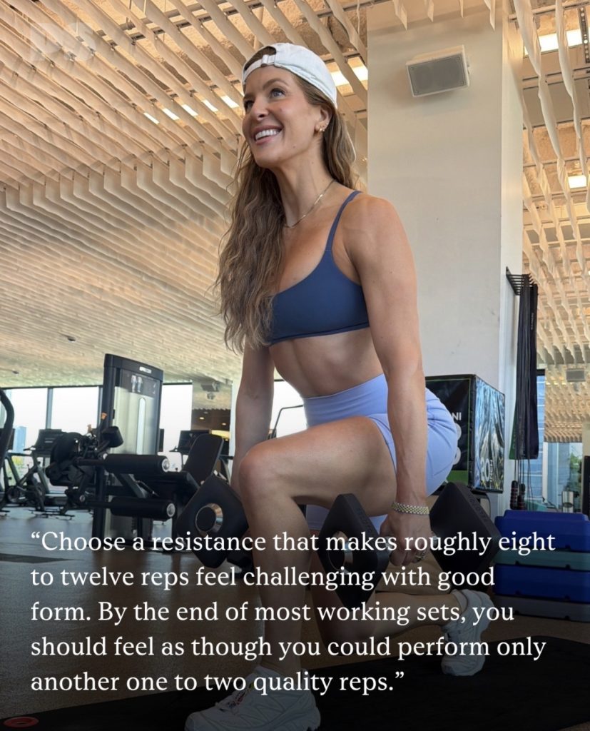 Efficient workout lunge with dumbbells performed by Rebecca Kennedy in a gym