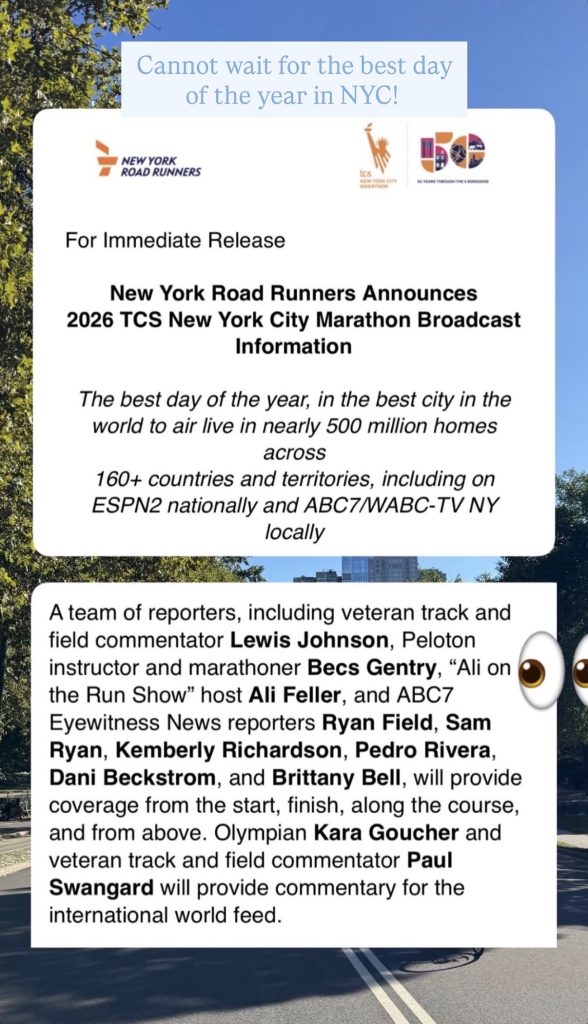 Becs Gentry NYC Marathon Instagram story sharing the NYRR announcement of the 2026 ESPN2 reporting team