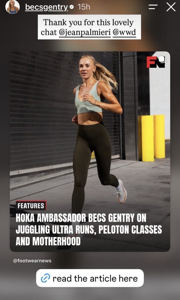 Becs Gentry Hoka feature from Footwear News shared on her Instagram Story with a thank you to writer Jean Palmieri