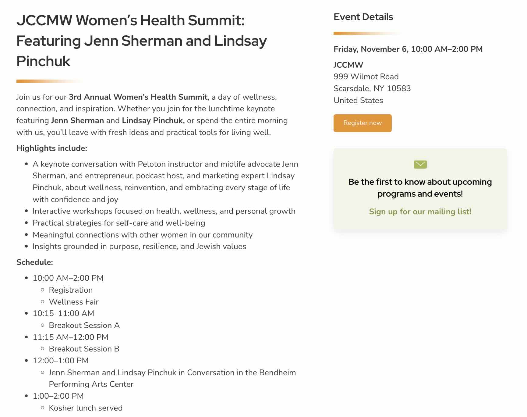 Jenn Sherman Westchester keynote speaker graphic for the JCC Mid-Westchester Women's Health Summit