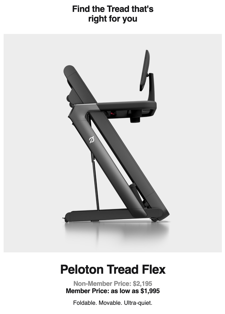 Peloton Tread promo code email showing member pricing for Tread Flex, Tread Vision and Tread+ Vision