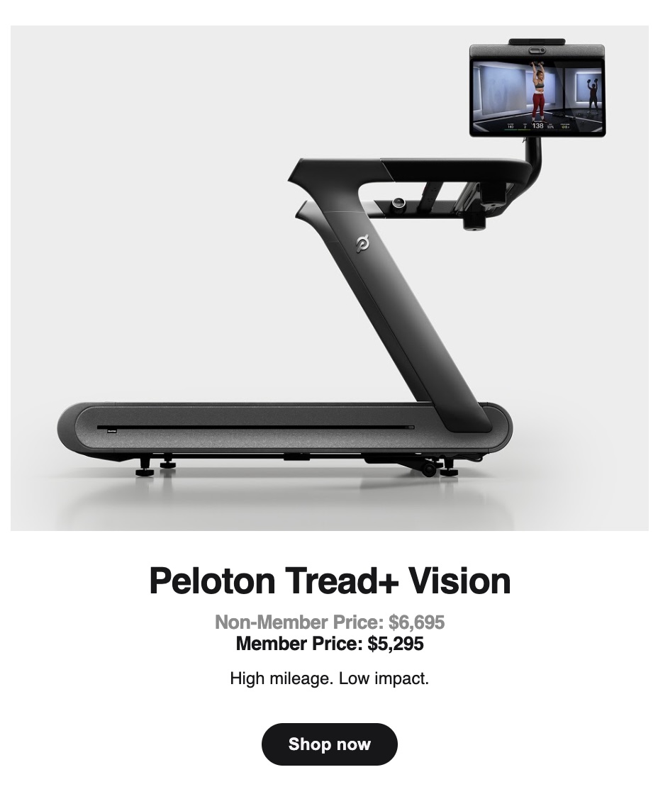 Peloton Tread promo code email showing member pricing for Tread Flex, Tread Vision and Tread+ Vision