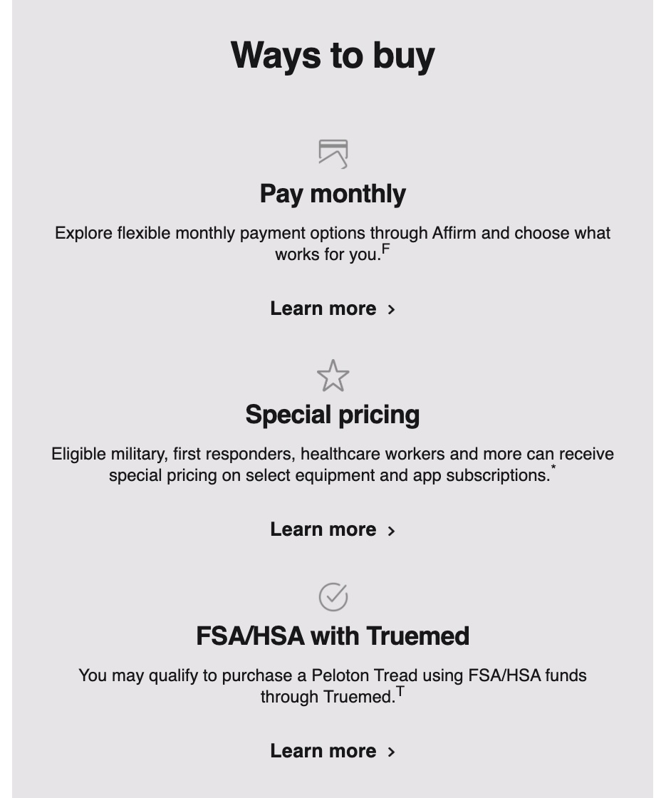 Peloton Tread promo code email showing member pricing for Tread Flex, Tread Vision and Tread+ Vision